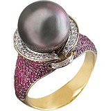 Женское золотое кольцо с бриллиантами, рубинами и культив. жемчугом, 1663861