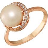Женское серебряное кольцо с культив. жемчугом и куб. циркониями в позолоте, 1614710