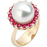 Женское золотое кольцо с бриллиантами, рубинами и культив. жемчугом, 1663862