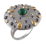 Женское серебряное кольцо с малахитом в позолоте, 1618552