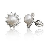 Срібні сережки з куб. цирконіями і культів. перлами, 1646969