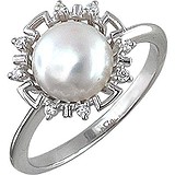 Женское серебряное кольцо с культив. жемчугом и куб. циркониями, 1614714