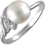 Женское серебряное кольцо с культив. жемчугом и куб. циркониями, 1614717