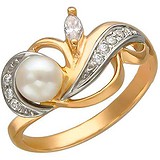 Женское золотое кольцо с куб. циркониями и культив. жемчугом, 1618559