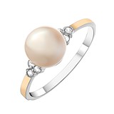Женское серебряное кольцо с культив. жемчугом и куб. циркониями в позолоте, 1617536