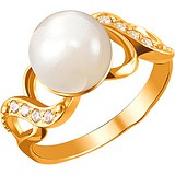 Женское серебряное кольцо с культив. жемчугом и куб. циркониями в позолоте, 1614467