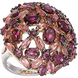 Женское серебряное кольцо  с родолитами и сапфирами в позолоте, 1662854