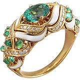 Женское золотое кольцо с изумрудами, бриллиантами и эмалью, 1685638