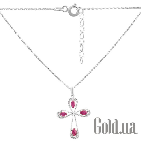 Кулон-хрестик Fresh Jewelry Срібний кулон з ланцюжком з куб. цирконіями та рубінами