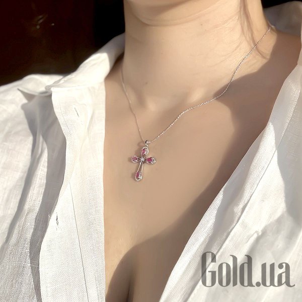Кулон-хрестик Fresh Jewelry Срібний кулон з ланцюжком з куб. цирконіями та рубінами