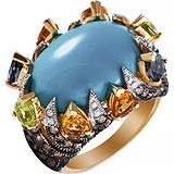 Женское золотое кольцо с бриллиантами, куб. циркониями и бирюзой, 1648781