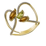 Женское золотое кольцо с бриллиантами, цитринами и перидотом