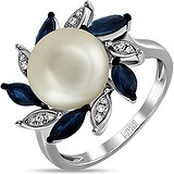 Женское золотое кольцо с бриллиантами, сапфирами и культив. жемчугом, 1688720
