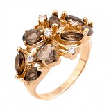 Женское золотое кольцо с дымчатыми кварцами и куб. циркониями