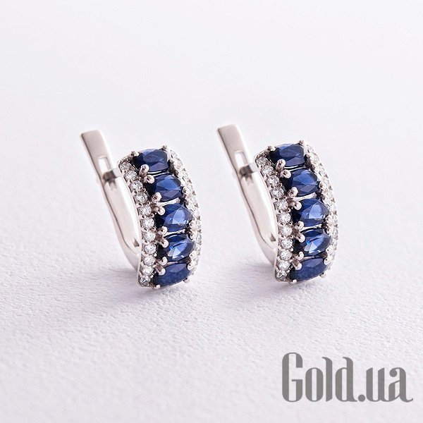 

Серьги Украина, Серебряные серьги с куб. циркониями и синт. сапфирами