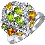 Женское серебряное кольцо с куб. циркониями, хризолитами и синт. цитринами, 1610903