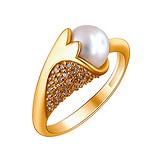 Женское серебряное кольцо с культив. жемчугом и куб. циркониями в позолоте, 1614743