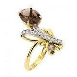 Женское золотое кольцо с дымчатыми кварцами и куб. циркониями