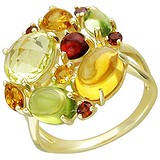 Женское золотое кольцо с цитринами, гранатами, хризолитами и кварцем, 1618328