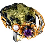 Женское серебряное кольцо с куб. цирконием, янтарем и культив. жемчугом в позолоте, 1654424