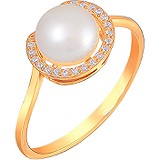 Женское серебряное кольцо с культив. жемчугом и куб. циркониями в позолоте, 1614749