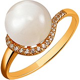 Женское серебряное кольцо с культив. жемчугом и куб. циркониями в позолоте, 1614751