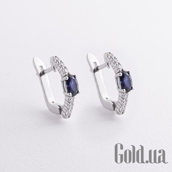 

Серьги Украина, Серебряные серьги с куб. циркониями и синт. сапфирами