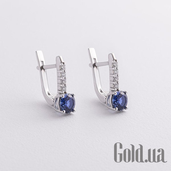 

Серьги Украина, Серебряные серьги с куб. циркониями и синт. сапфирами