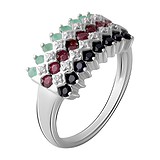 Женское серебряное кольцо с сапфирами, изумрудами, рубинами и куб. циркониями, 1745319