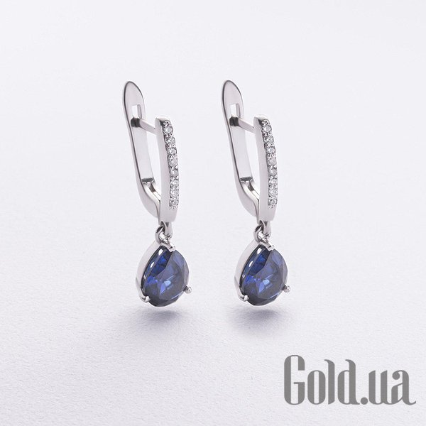 

Серьги с подвесками Украина, Серебряные серьги с куб. циркониями и синт. сапфирами