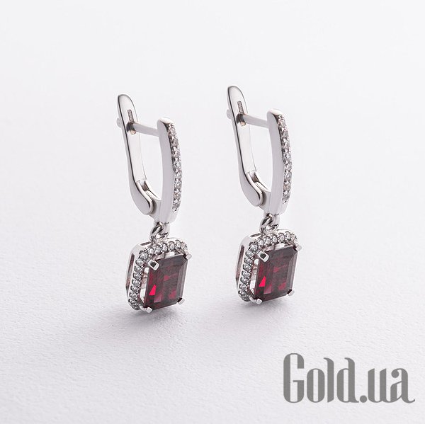 

Серьги с подвесками Украина, Серебряные серьги с куб. циркониями и синт. рубинами
