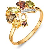 Женское золотое кольцо с гранатами, хризолитами, цитринами, куб. циркониями и раухтопазом, 1622190