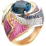 Женское золотое кольцо с бриллиантами, сапфирами, рубинами и топазом, 1656750
