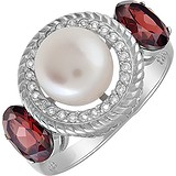 Женское серебряное кольцо с гранатами, жемчугом и куб. циркониями, 1654708