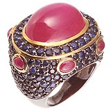 Женское серебряное кольцо с рубинами и сапфирами в позолоте, 1607861