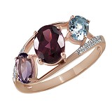 Женское золотое кольцо с бриллиантами, родолитами, топазами и аметистом, 828853
