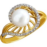 Женское золотое кольцо с бриллиантами и культ. жемчугом, 1705911