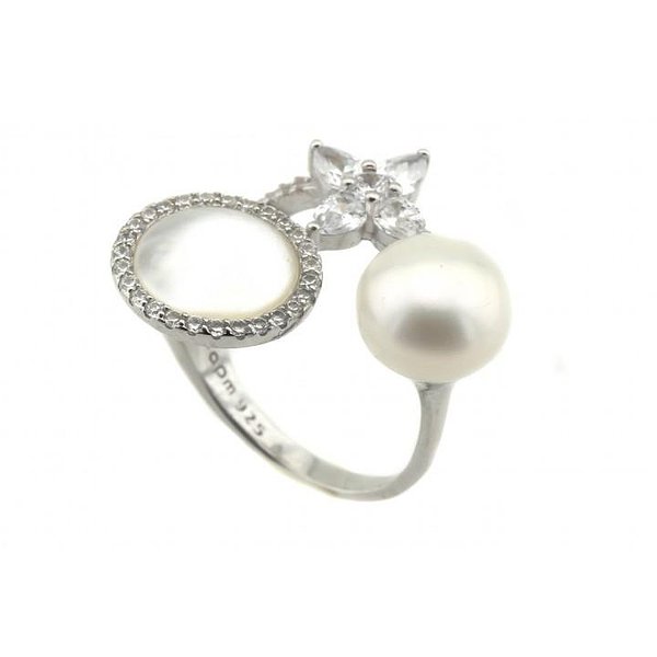 Жіноче срібне кільце з куб. цирконіями і перламутром