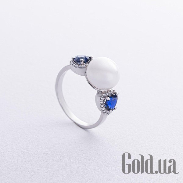 

Женские кольца Украина, Женское серебряное кольцо с куб. циркониями, синт. сапфирами и культив. жемчугом, 16