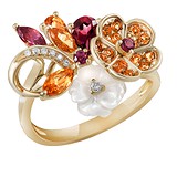 Золотое кольцо с бриллиантами, цитринами, родолитами и перламутром