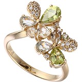Женское золотое кольцо с бриллиантами, аметистами, кварцами и перидотами, 1625026