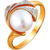 Женское серебряное кольцо с культив. жемчугом и куб. циркониями в позолоте, 1638851