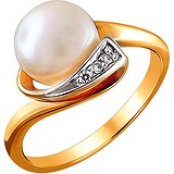 Женское серебряное кольцо с культив. жемчугом и куб. циркониями в позолоте, 1638855