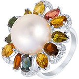 Жіноча золота каблучка з діамантами, турмалінами і перлами, 1673415