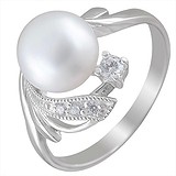 Женское серебряное кольцо с культив. жемчугом и куб. циркониями, 1611976