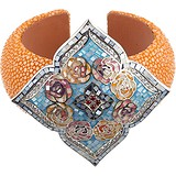 Женский серебряный браслет с кожей, перламутром, куб. циркониями и эмалью, 1650632