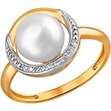Женское золотое кольцо с культив. жемчугом и куб. циркониями, 1638857