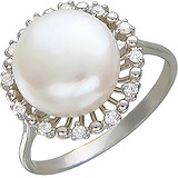 Женское серебряное кольцо с куб. циркониями и культив. жемчугом, 1665486