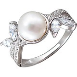 Женское серебряное кольцо с куб. циркониями и культив. жемчугом, 1625808