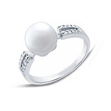 Женское серебряное кольцо с жемчугом и куб. циркониями, 142289